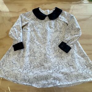 🍁 Disney Mickey Mouse Canvas Black White Collared Knee Length Dress Sz4 Cotton